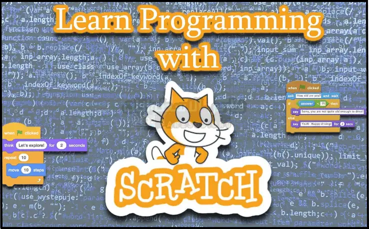 واجهة تحميل برنامج سكراتش Scratch معروضة على شاشة الكمبيوتر الشخصي، تعرض كتلًا ملونة ومساحة عمل للمشروع